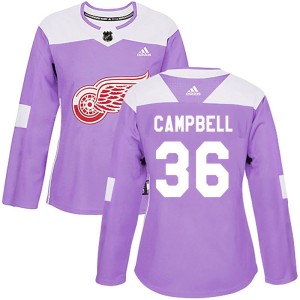 Women's Detroit Red Wings Jack Campbell Adidas Authentic Hockey Fights Cancer Practice Jersey - Purple